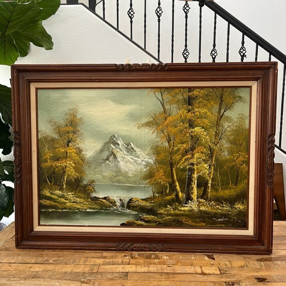 Framed Oil Painting Autumn Mountains Flowing River Landscape by Woodson